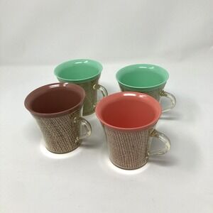 Vintage Raffia Ware Melamine Cup Mug Set  4 Mid Century Summer Drinks Pool Bar